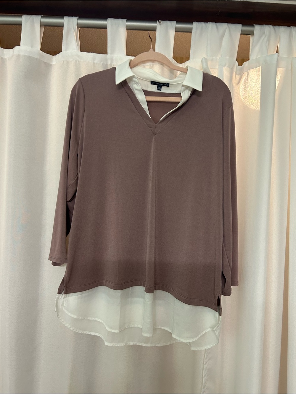 Adrianna Papell Mauve Layered V-Neck Blouse with White Collar